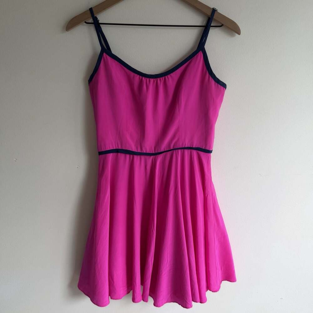 Amanda Uprichard 100% Silk Fuchsia Pink Navy Trim Small Fit Flare Mini Dress